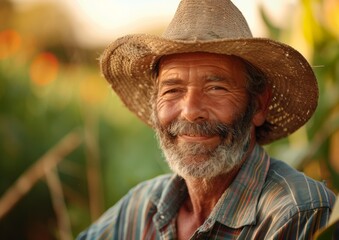 A smiling farmer wearing a straw hat sits near a vibrant field during golden hour, showcasing the joy of rural life and hard work in agriculture