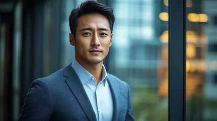 Asian businessman in navy suit stands at office window with hands in pockets. He gazes thoughtfully at the city skyline, reflecting a moment of reflection and ambition.