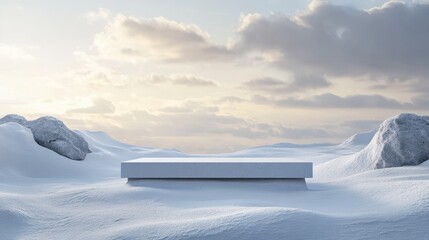 Cold, snowy landscape with an empty podium, symbolizing competition and triumph in harsh winter conditions.