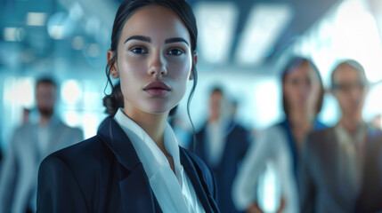 A confident businesswoman gazes directly at the camera amidst a bustling corporate environment during a pivotal meeting