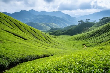 A lush green field with mountains in the background. Concept of tranquility and natural beauty