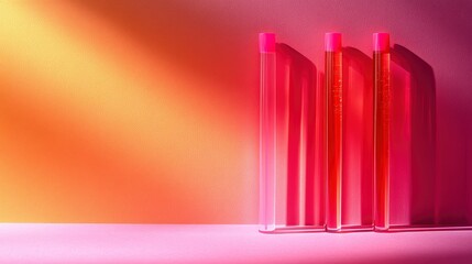 Fototapeta premium Three Glass Tubes with Pink Caps on Pink and Orange Background
