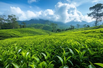 A lush green field with a cloudy sky in the background. The sky is blue and the clouds are white