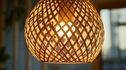 Obraz premium Intricately woven bamboo pendant light illuminates a cozy interior space during the evening, adding warmth and charm to the modern decor