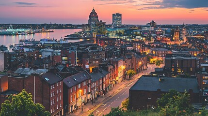Naklejka premium City skyline at dusk showcasing vibrant lights and waterfront in Liverpool, UK.