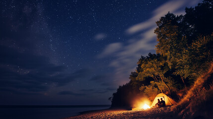 Starry night sky over the forest and sea, with campers sitting around a fire under a tent illuminated by moonlight. A couple in love is relaxing near a bonfire on the sandy beach of the Baltic seaside