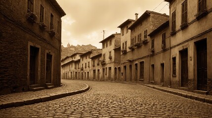 Naklejka premium generative ai, Quiet cobblestone street in a historic town in sepia tone