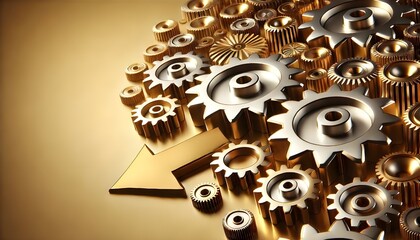A striking gold background featuring detailed gears, symbolizing innovation, industry, and precision.