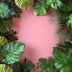 Tropical monstera and palm leaves border on pastel pink background, botanical frame concept
