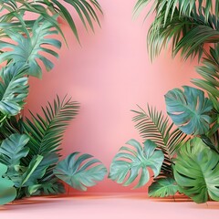 Tropical green palm leaves with monstera on pastel pink background, botanical minimalism concept
