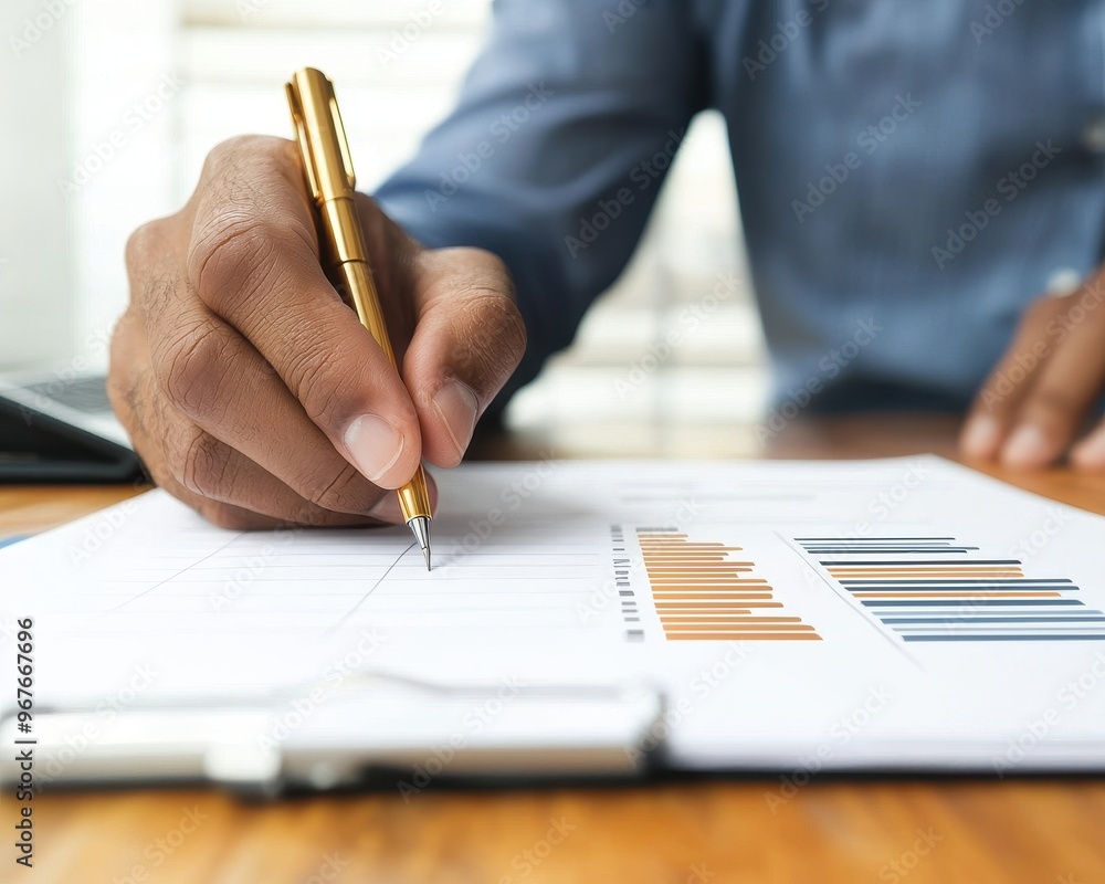 Aufkleber close-up of a professional analyzing data with a pen, focusing on graphs and charts on a desk. ideal