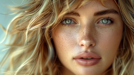 Naklejka premium A close-up portrait of a young woman with curly hair and striking green eyes, showcasing her natural beauty and freckles in soft daylight