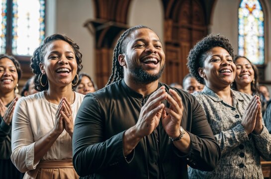 African American Christian Gospel singers in church clapping, praising lord Jesus Christ with emotions and happiness