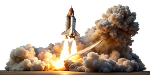 Rocket launch emits huge smoke and flames, cut out transparent