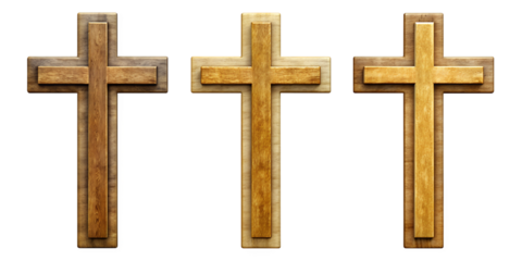 Crafted wooden crosses in a row, cut out transparent