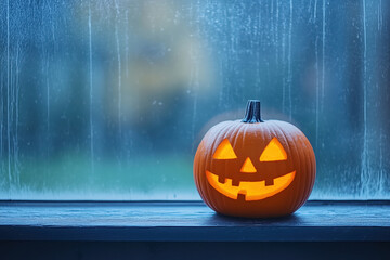 Obraz premium Halloween Night Glow: A carved pumpkin with a warm glow sits on a windowsill, casting an eerie light on a rain-streaked windowpane. 