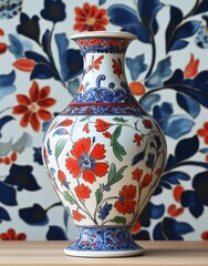A beautifully decorated ceramic vase with floral patterns in vibrant colors, standing on a wooden table against a matching floral backdrop