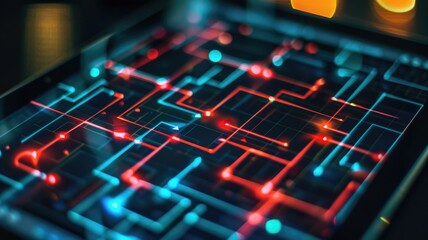 defocused digital interface displaying neon circuit paths and glowing nodes