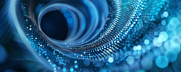 A mesmerizing blue abstract background featuring swirling patterns and luminous particles creating a digital vortex effect in a high-tech environment