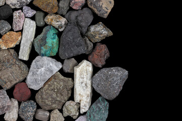 Mixture of mine, mining ores, commodities, metals, coal. Background concept, texture, rocks, with copy space. Variety, mixed, many, multi-colored, colorful. Bear, bull market.