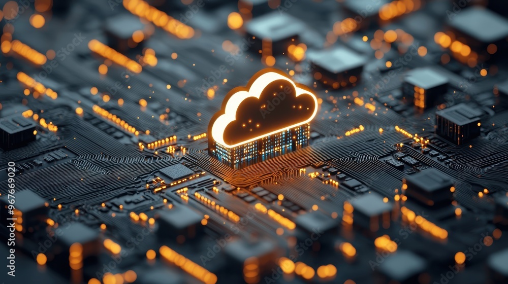 Poster futuristic cloud symbol over a circuit board, representing data storage and technology innovation in