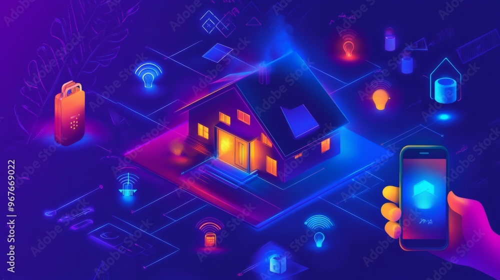 Poster a futuristic house with glowing windows and a smartphone in a hand in front of it, surrounded by a n