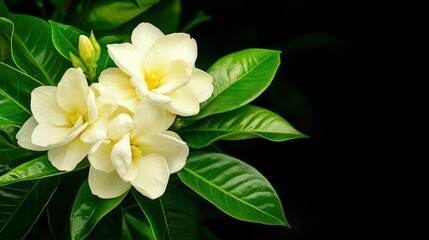 Obraz premium White Gardenia Flowers on Green Leaves with Black Background