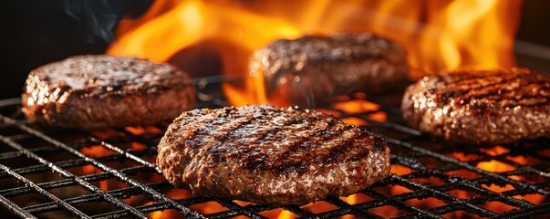 Grilled burgers sizzling over an open flame, showcasing deliciously cooked meat, perfect for summer barbecues and outdoor cooking.