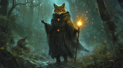 Obraz premium A Fox Wizard With Glowing Eyes Holds a Torch in a Forest
