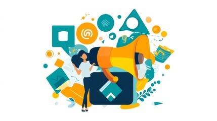 Fototapeta premium Woman using a megaphone to announce an event, with colorful abstract shapes and symbols around her.