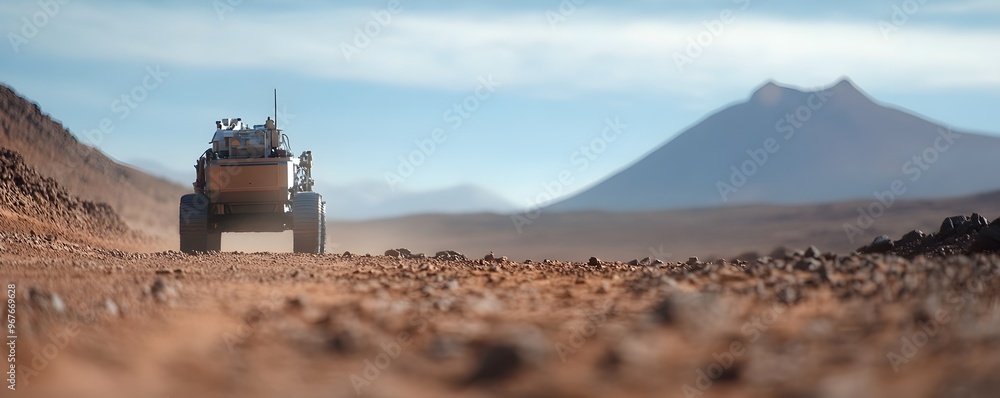 Poster futuristic robotics on alien terrain - advanced robotic systems analyzing extraterrestrial soil pion