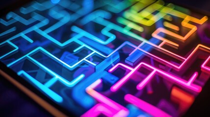 defocused digital interface displaying neon circuit paths and glowing nodes