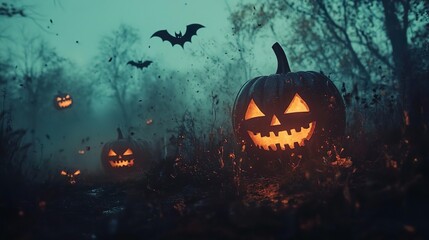 Fototapeta premium Spooky Halloween scene glowing pumpkins bats eerie moonlight wallpaper