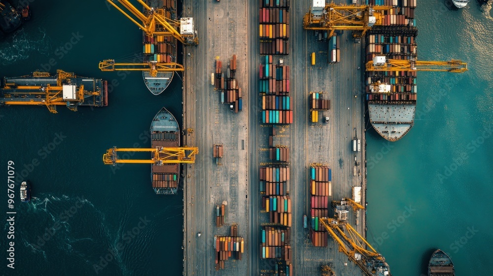 Poster aerial view of a busy port with cranes and shipping containers.