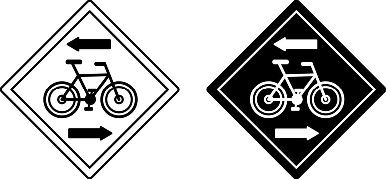 Signs Contraflow Bicycle Lane Crossing. Warning Road Signs. Bicycle And Arrows. Black And White Vector Icons