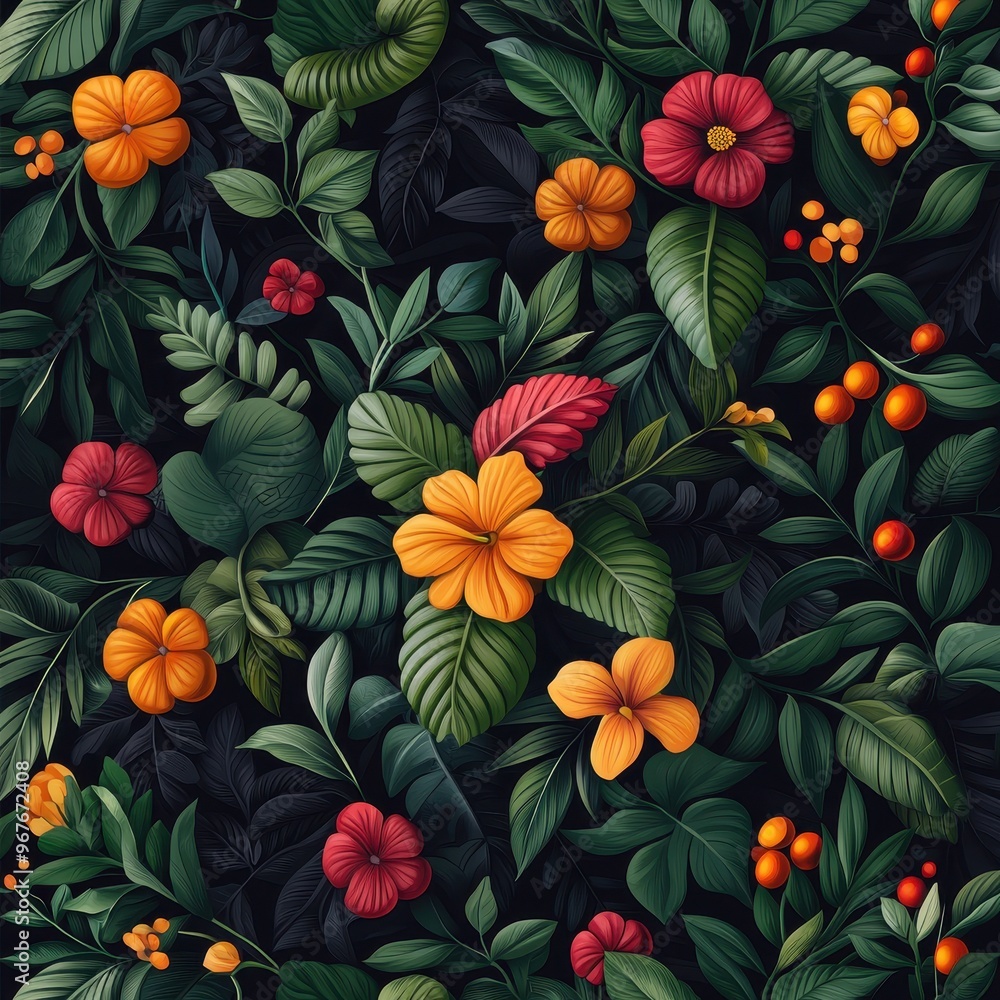 Wall mural vibrant floral pattern featuring multicolored flowers and lush green leaves, perfect for backgrounds