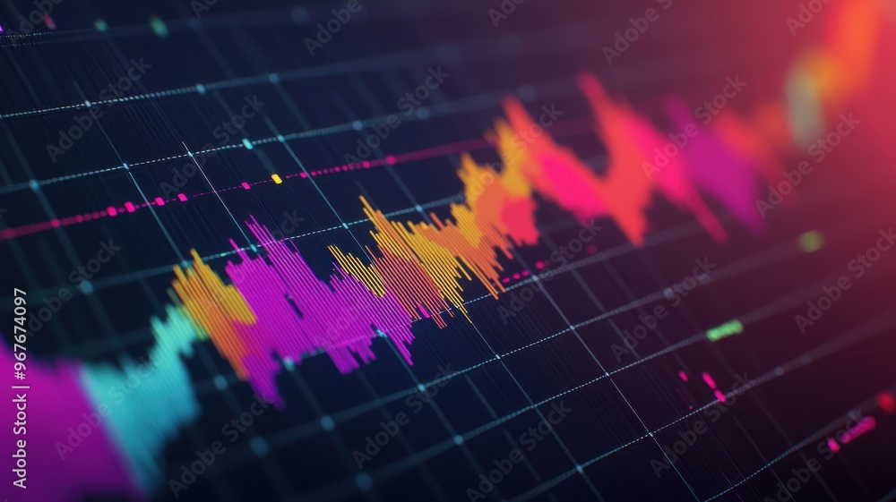 Poster a vibrant, digital financial chart displays fluctuating data trends, with colorful line graphs and b