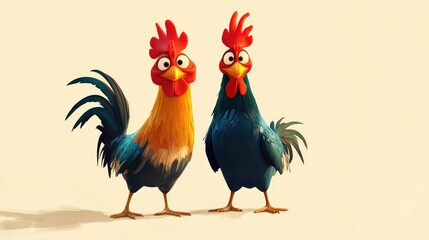 Fototapeta premium Animated roosters in vivid colors, standing tall against a simple, clean background.
