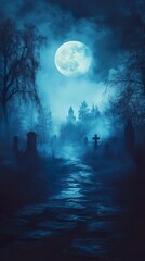Fototapeta premium Mystical Halloween scene eerie pumpkins bats glowing moon wallpaper