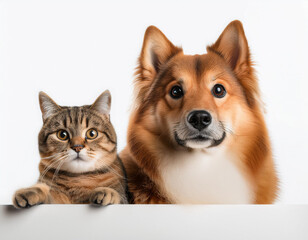 Cute Cat and Dog Against White Background Banner Design with Copy Space