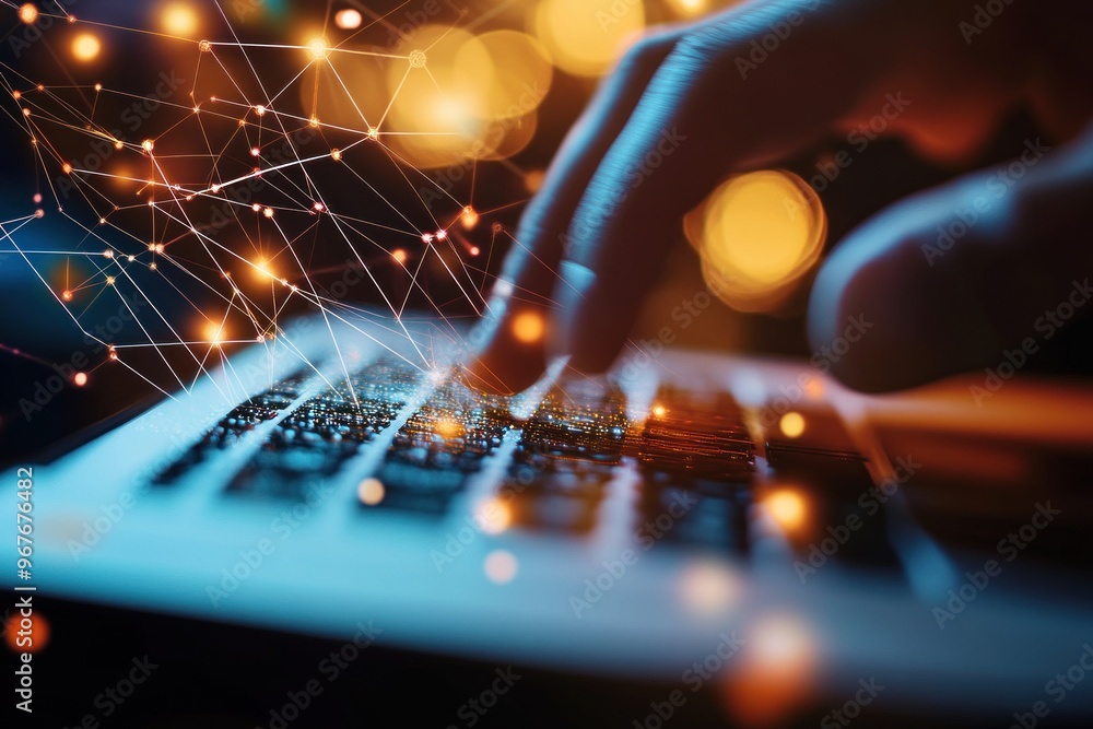 Poster digital connection: typing on a laptop with glowing network