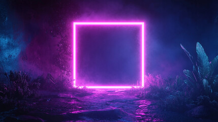 A glowing purple square framed by neon fog in a mystical forest at night