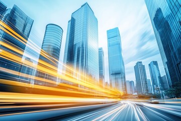 Fototapeta premium high-rise buildings against the backdrop of high-speed traffic, an image on the theme of the rhythm of the city