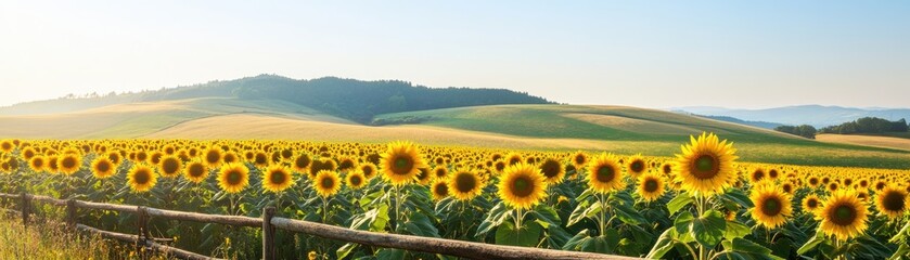 Fototapeta premium A vibrant field of sunflowers basking in the sunlight, against a scenic landscape of rolling hills and blue skies.