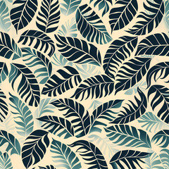 A vibrant pattern featuring dark green and teal tropical leaves against a soft beige background, perfect for design inspirations.
