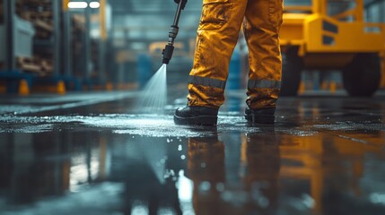Industrial floor cleaning, pressure washer in action, water jet cutting through dirt, concrete visibly transforming under high-pressure spray