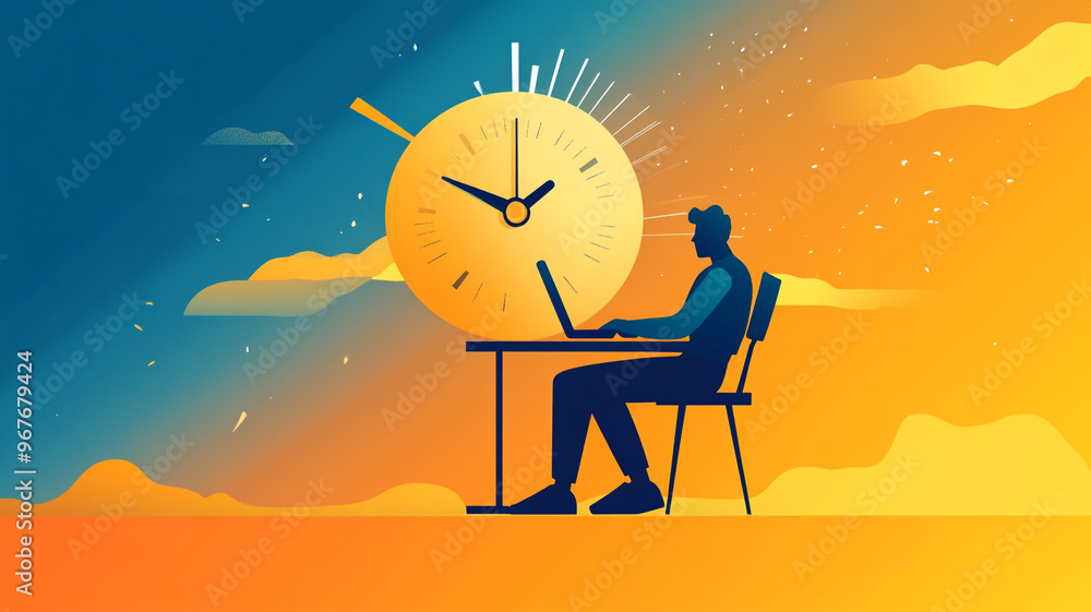 Poster a person working on a laptop in front of a large clock during a colorful sunset