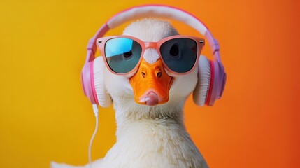 Trendy duck with pink headphones and sunglasses on vibrant background