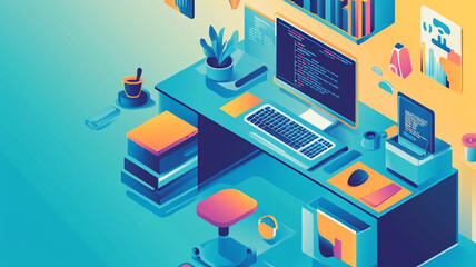 Fototapeta premium Modern workspace illustration featuring a computer setup with books and plants in vibrant colors