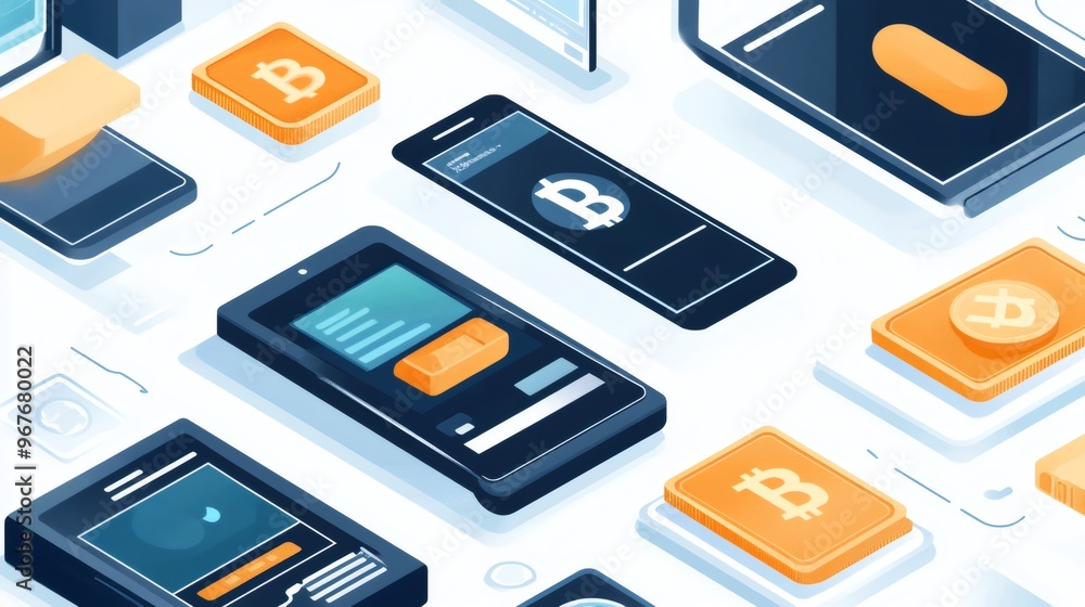 Poster isometric design of multiple mobile phones with bitcoin symbol and orange buttons on white backgroun